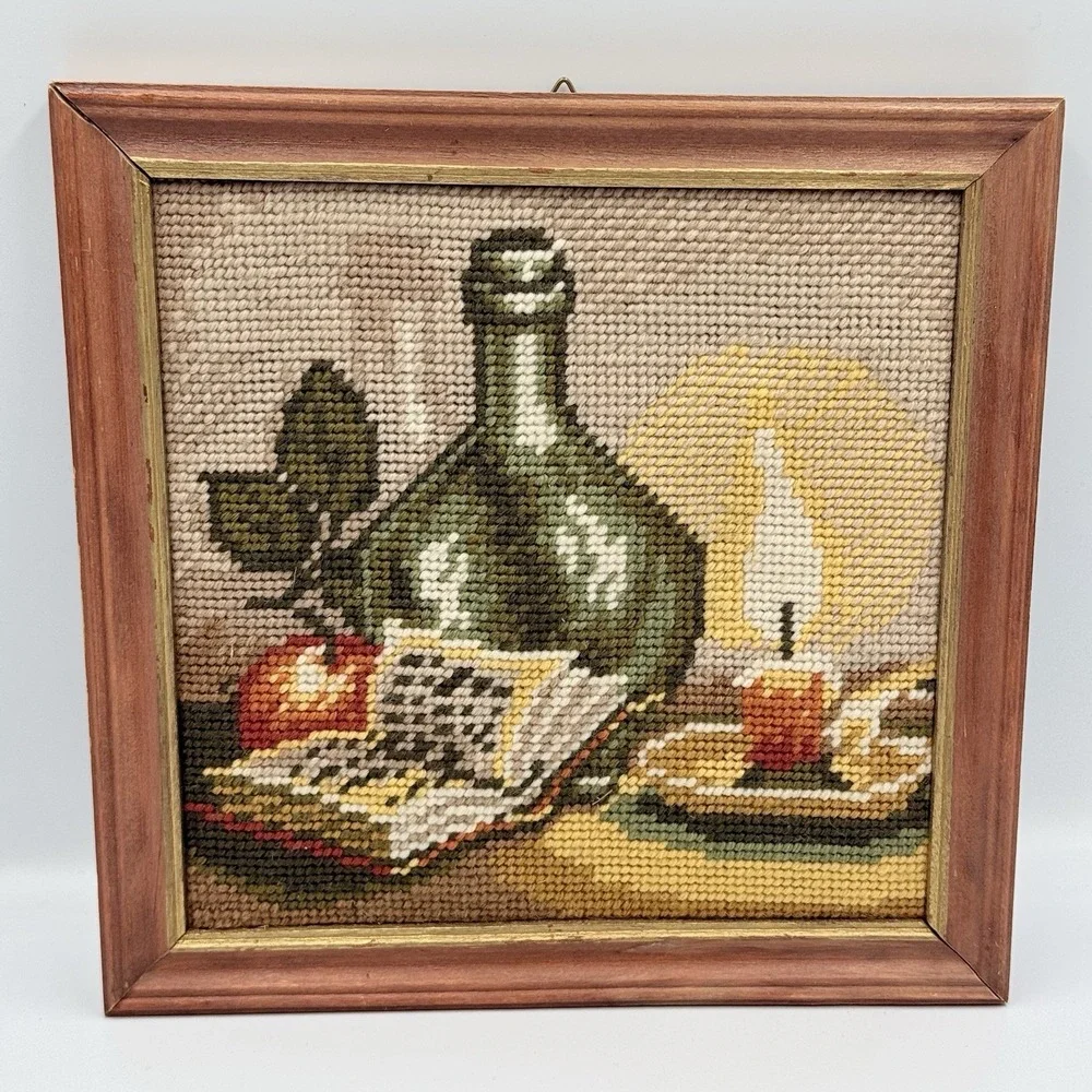 Vintage Needlepoint Still Life Framed Wall Art Bottle Candle Apple 9x9.5
